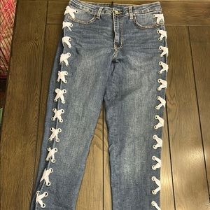 H&M Divided Stylish Blue Jeans with White Lace-Up Detail